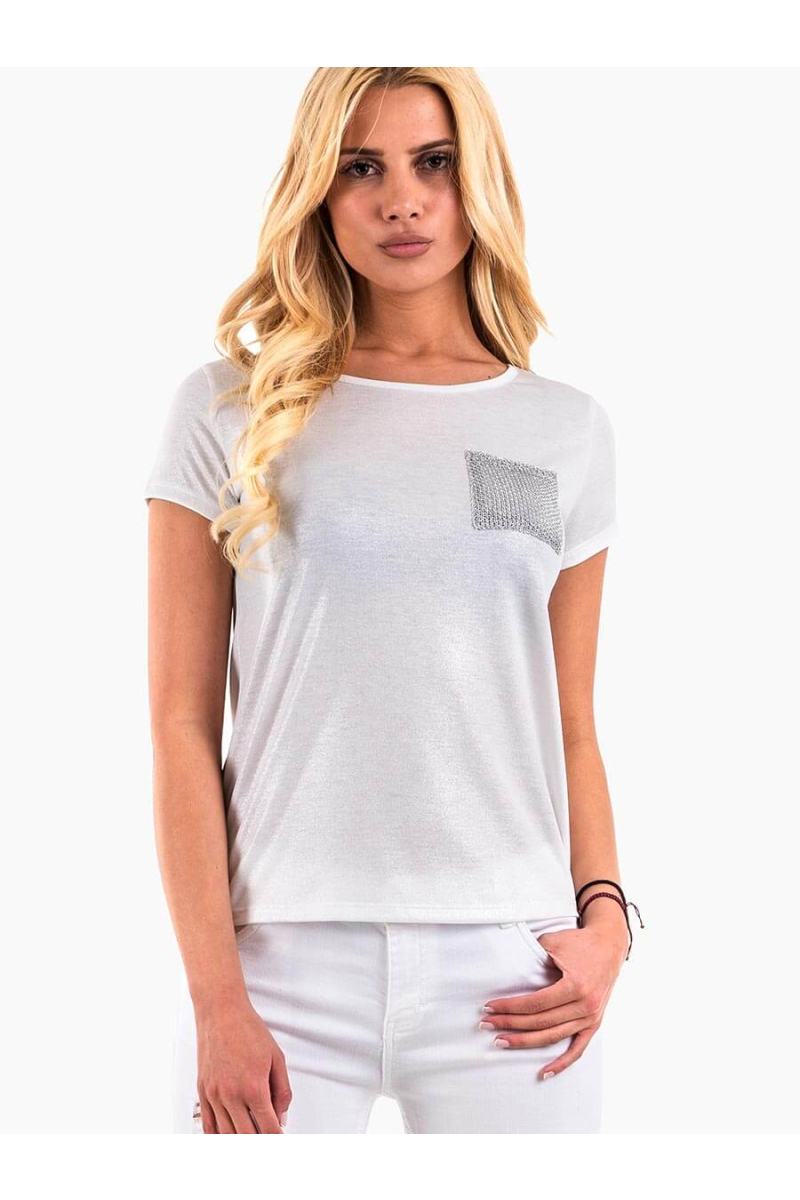 Лъскава дамска блуза с джоб - цвят екрю 6341 INDIGO Fashion