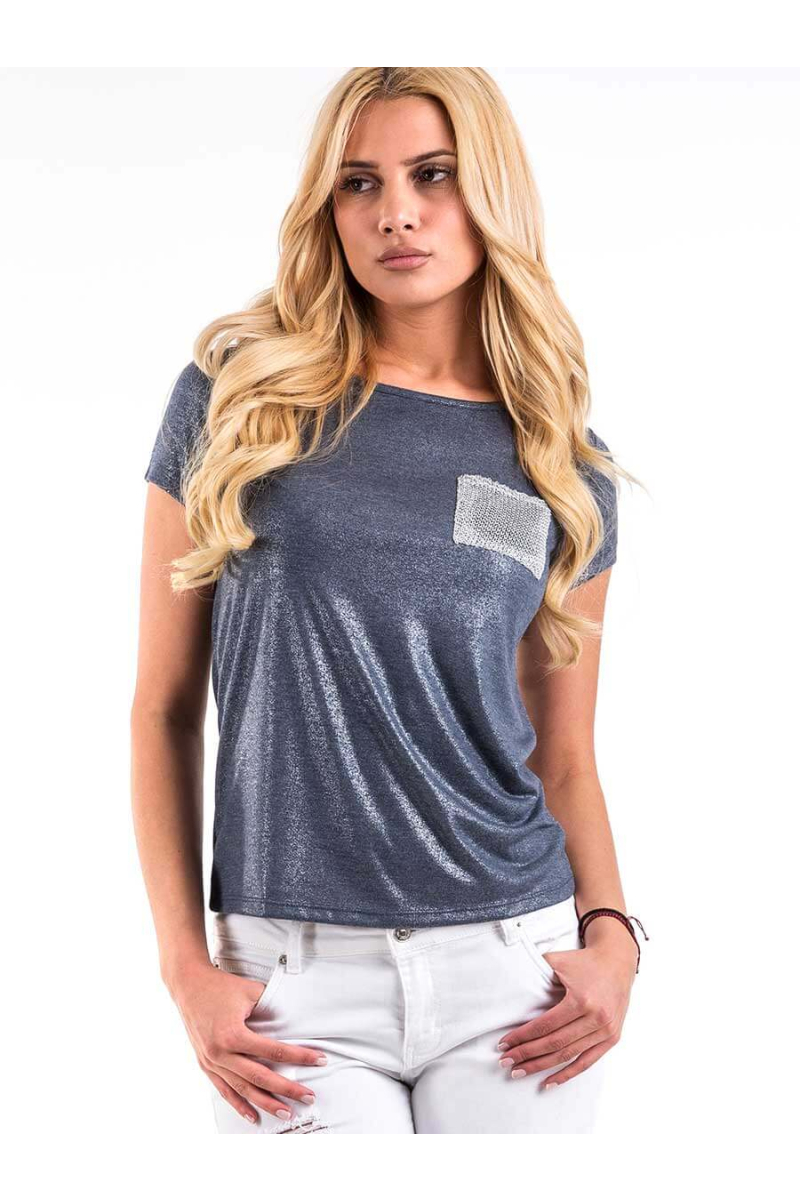 Лъскава дамска блуза с джоб - цвят син 6341 INDIGO Fashion
