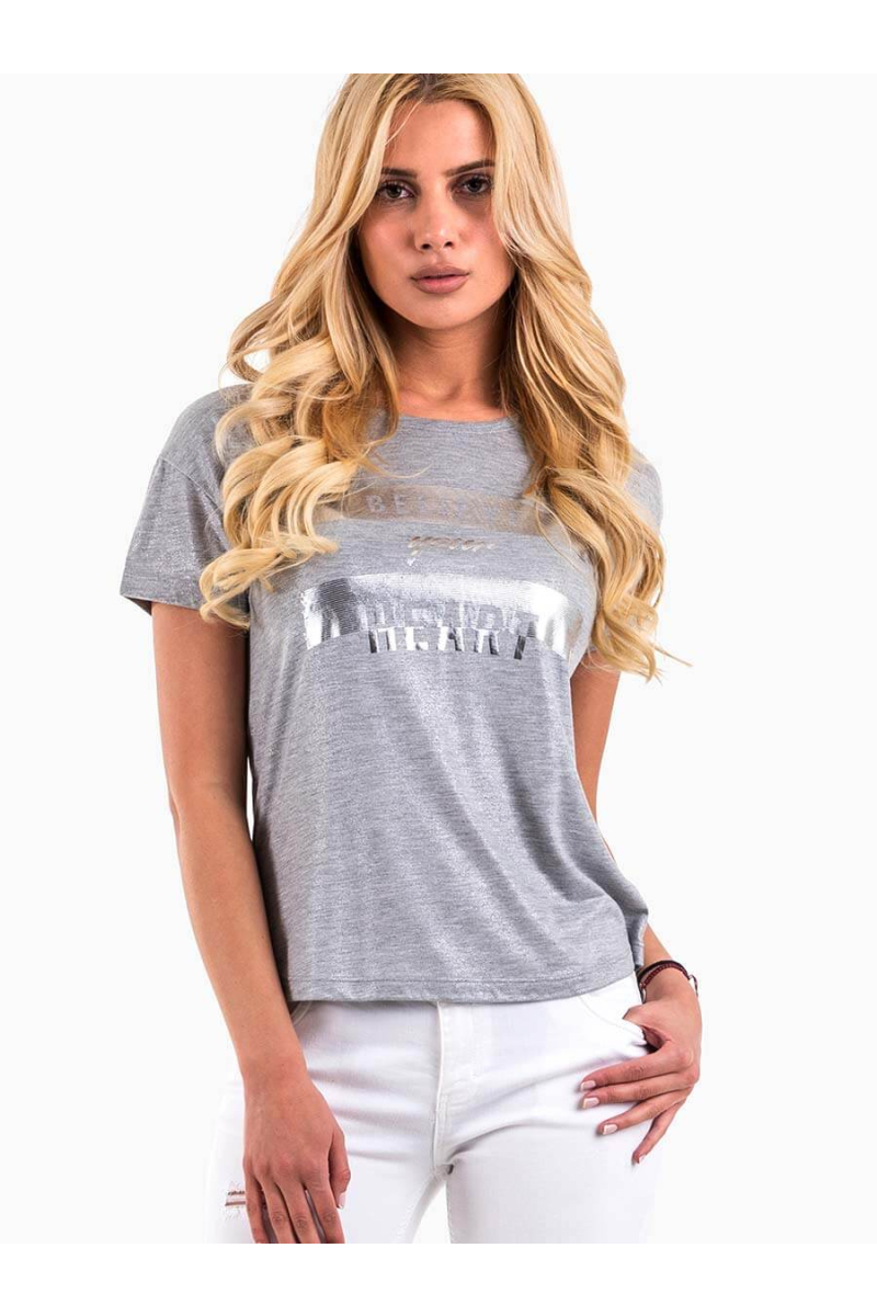 Дамска лъскава блуза с надпис - светло сива 6698 INDIGO Fashion