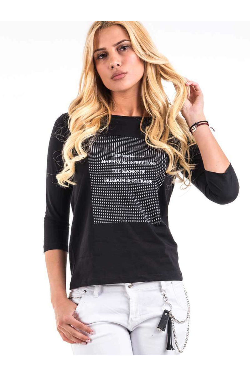 Дамска черна блуза с принт надпис 6466 INDIGO Fashion