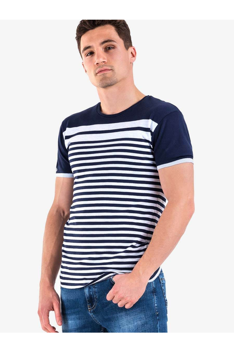 Тъмносиня мъжка тениска на райе - големи размери B29514 INDIGO Fashion