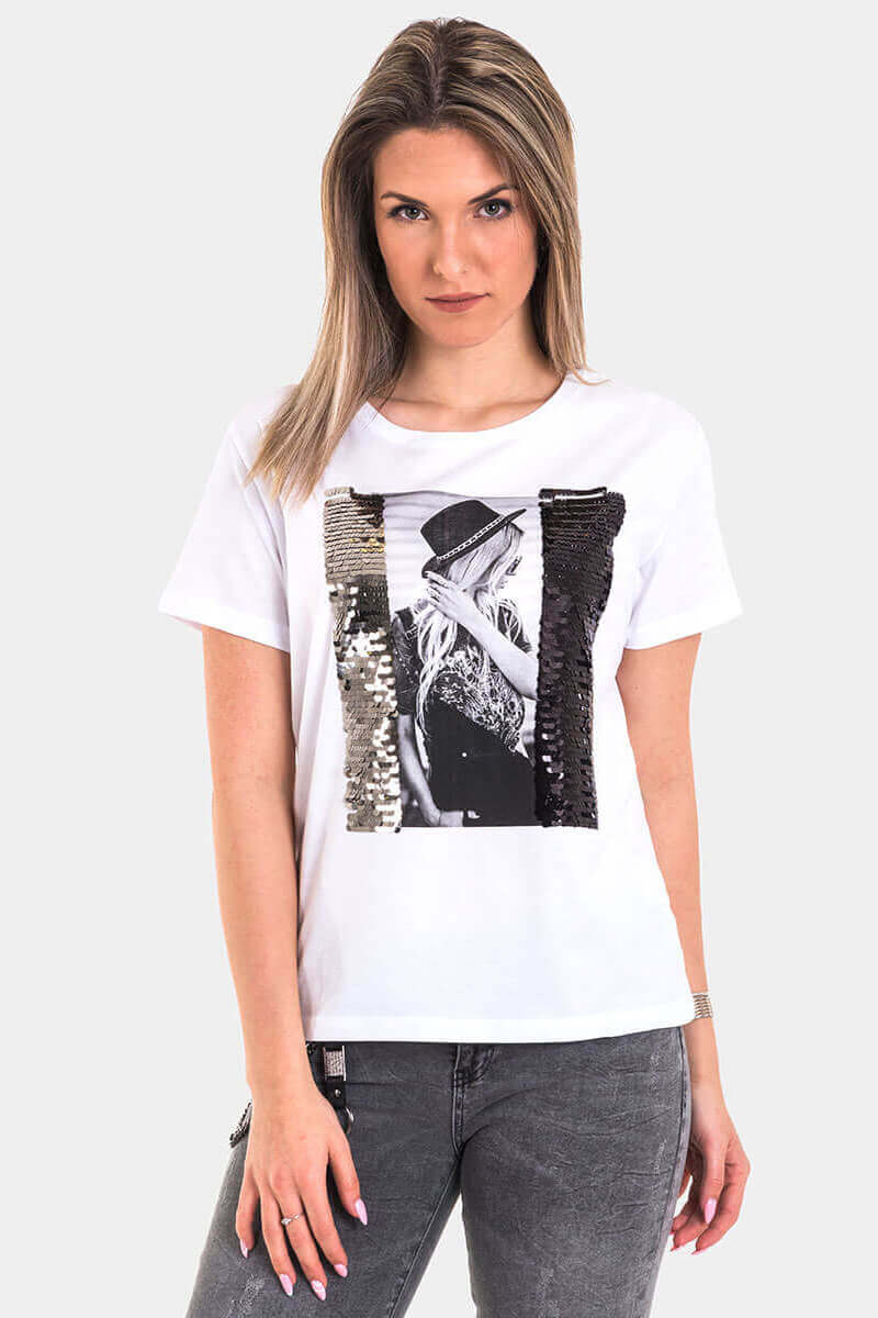 Бяла дамска тениска 7238 INDIGO Fashion