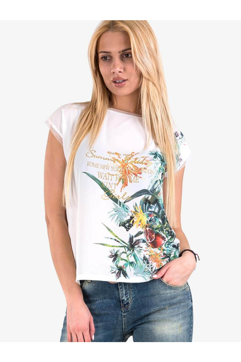 Дамска блуза с флорален принт и надпис 601480 INDIGO Fashion