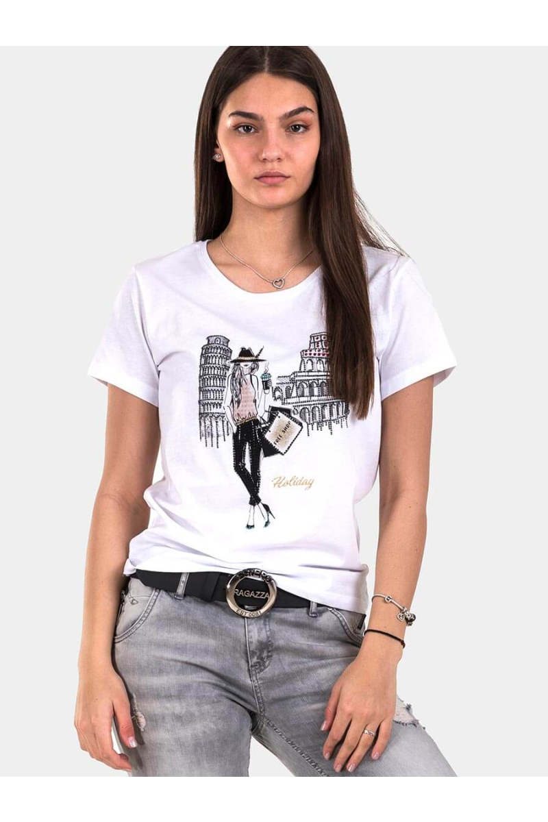 Бяла дамска тениска 7210 INDIGO Fashion