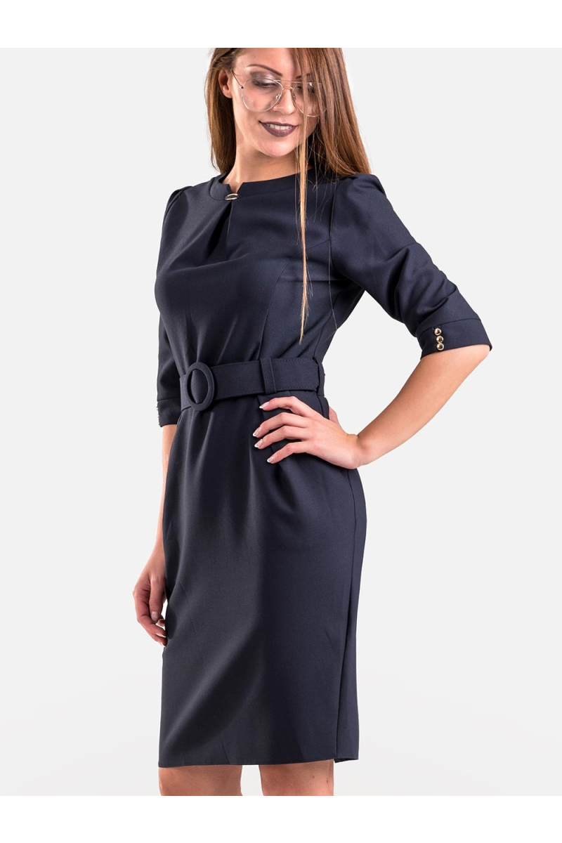 Елегантна рокля с колан в тъмно синьо 17160 INDIGO Fashion