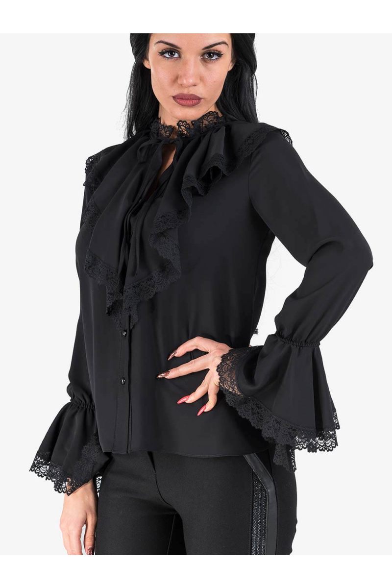 Дамска черна риза с жабо и ръкав тип камбана 16014 INDIGO Fashion