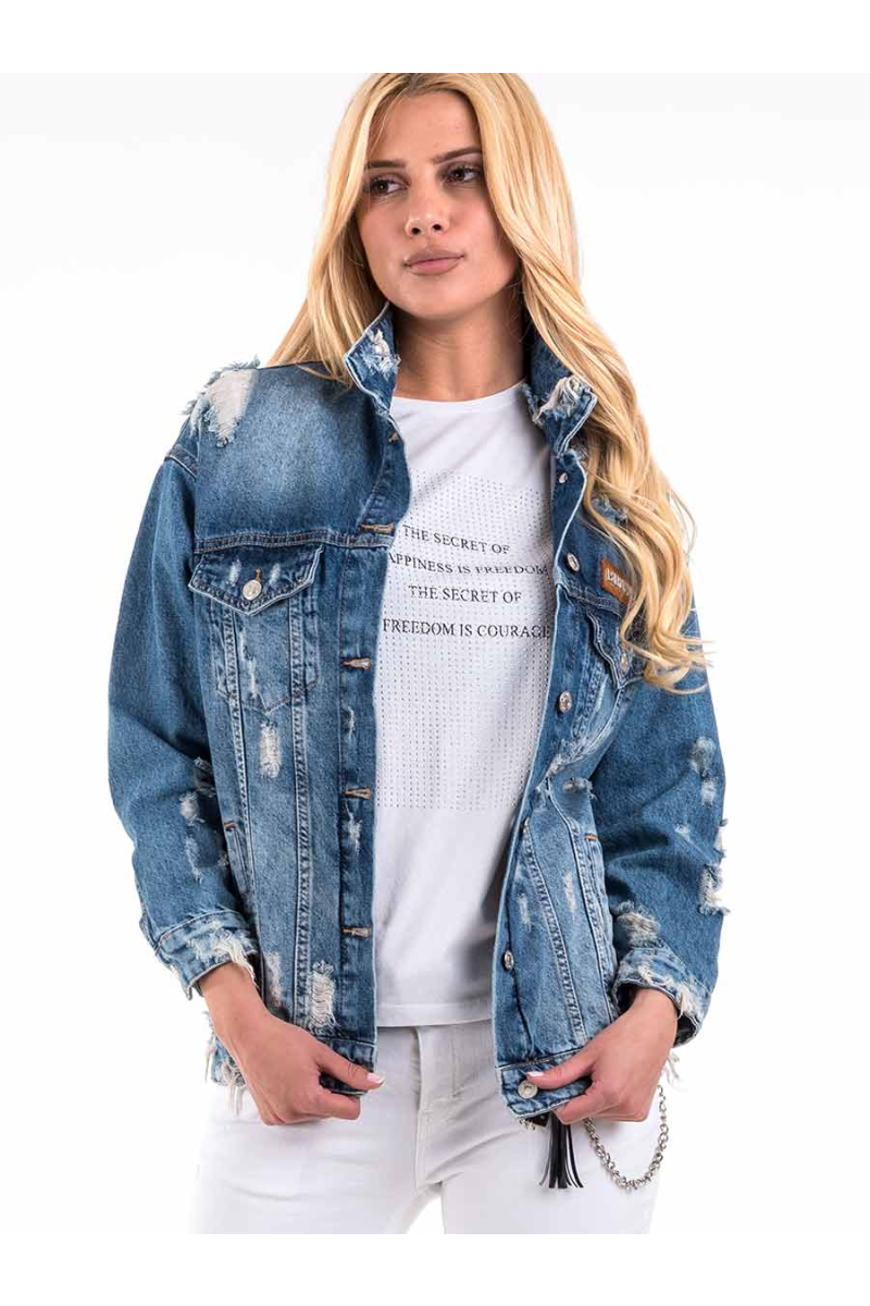 Дамско дънково яке с накъсване 38515 INDIGO Fashion