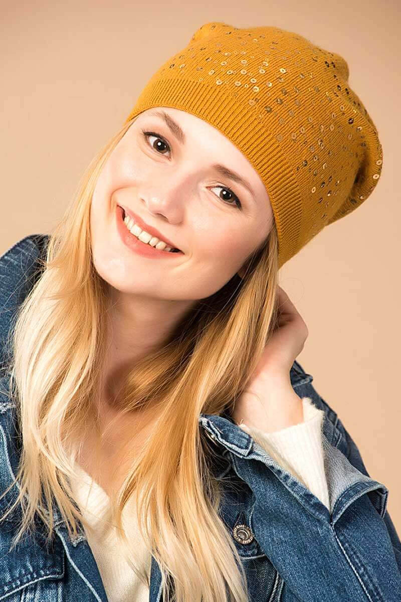 Дамска шапка с пайети - цвят горчица 9397 INDIGO Fashion