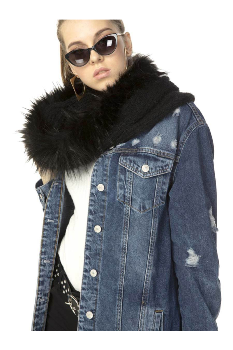 Дамска шал-яка с еко косъм - черна 11170 INDIGO Fashion