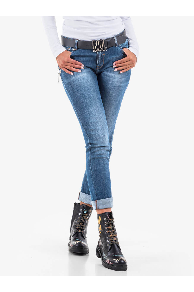 Дамски бойфренд дънки с черен колан INDIGO Fashion