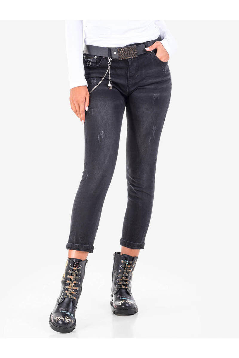 Бойфренд дънки с колан - цвят черен деним 50102 INDIGO Fashion