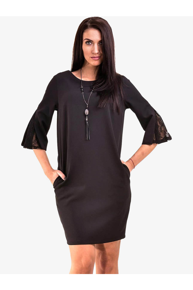 Рокля MACCA с дантела на ръкавите - черна  B809  INDIGO Fashion