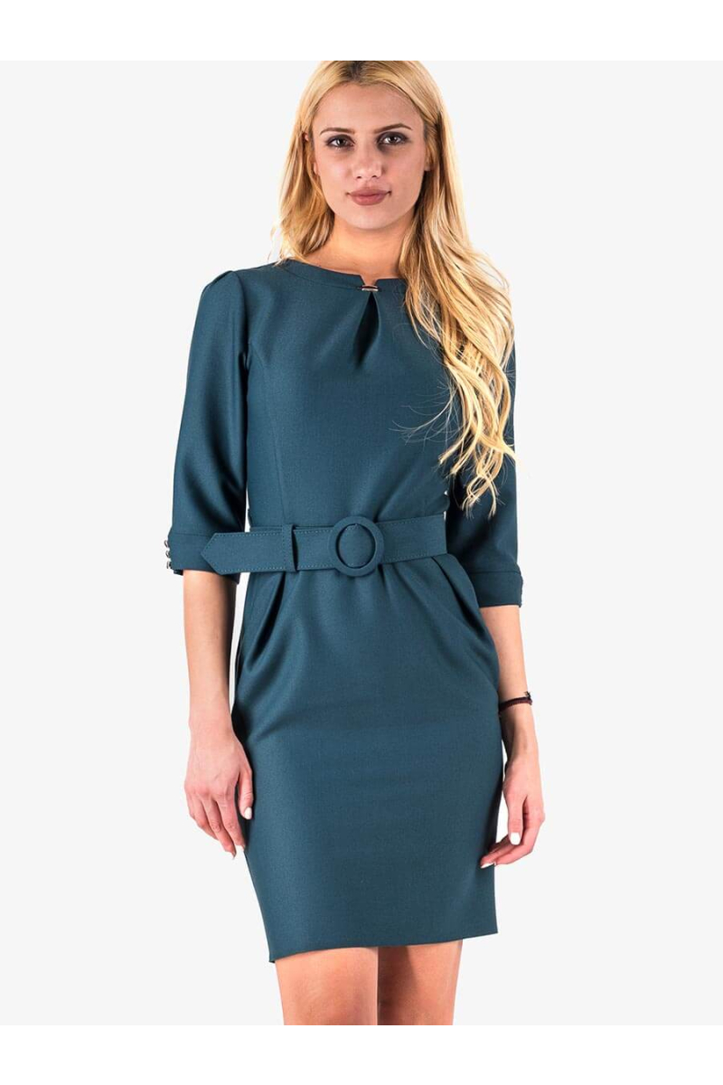 Елегантна рокля с колан в тъмно зелено 17160 INDIGO Fashion