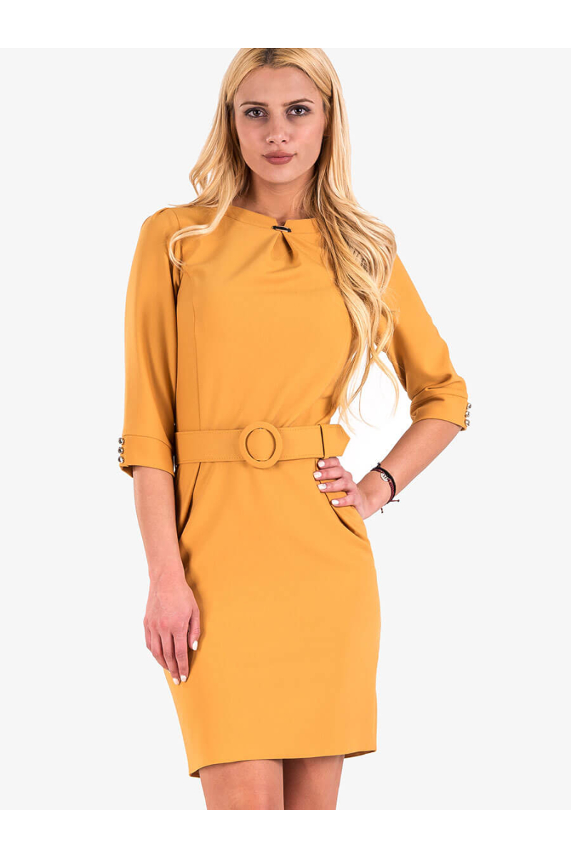 Елегантна рокля с колан в цвят горчица 17160 INDIGO Fashion