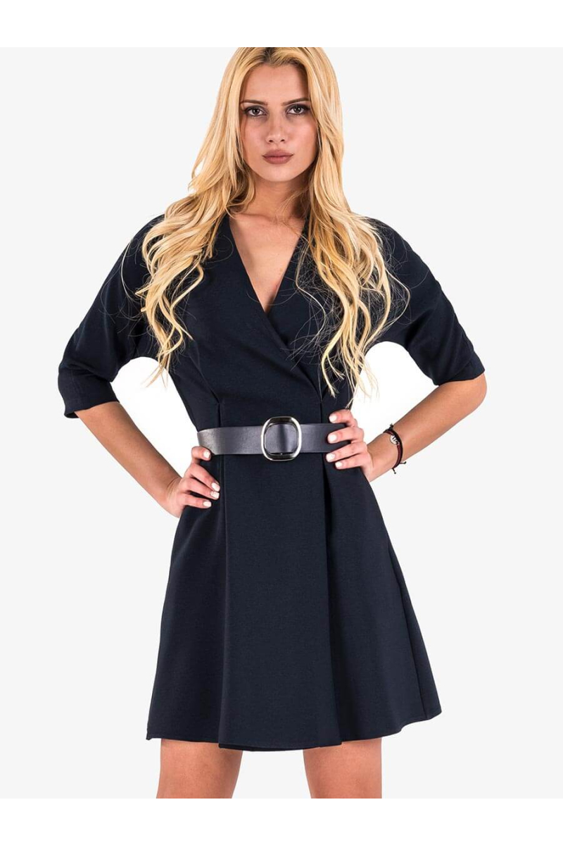 Къса разкроена рокля с колан - синя 19410 INDIGO Fashion