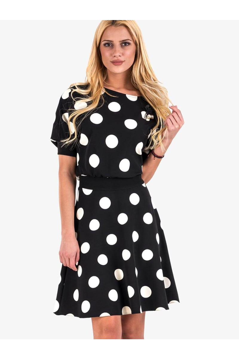 Елегантна рокля на големи бели точки - черна 1283 INDIGO Fashion