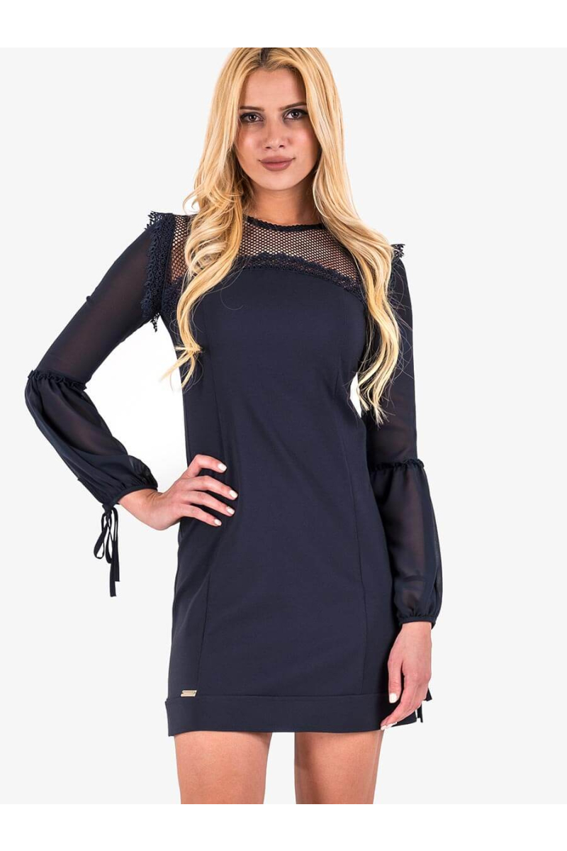 Къса тъмносиня рокля с тюл и дантела 3200 INDIGO Fashion