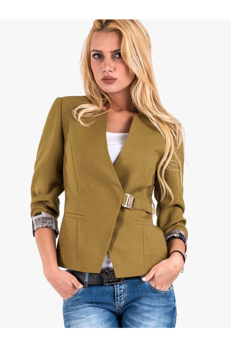 Дамско сако с интересно закопчаване - тютюнево зелено 7041 INDIGO Fashion