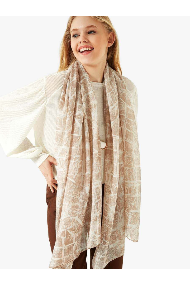 Дамски шал на малки квадратчета - светло бежов 11607 INDIGO Fashion