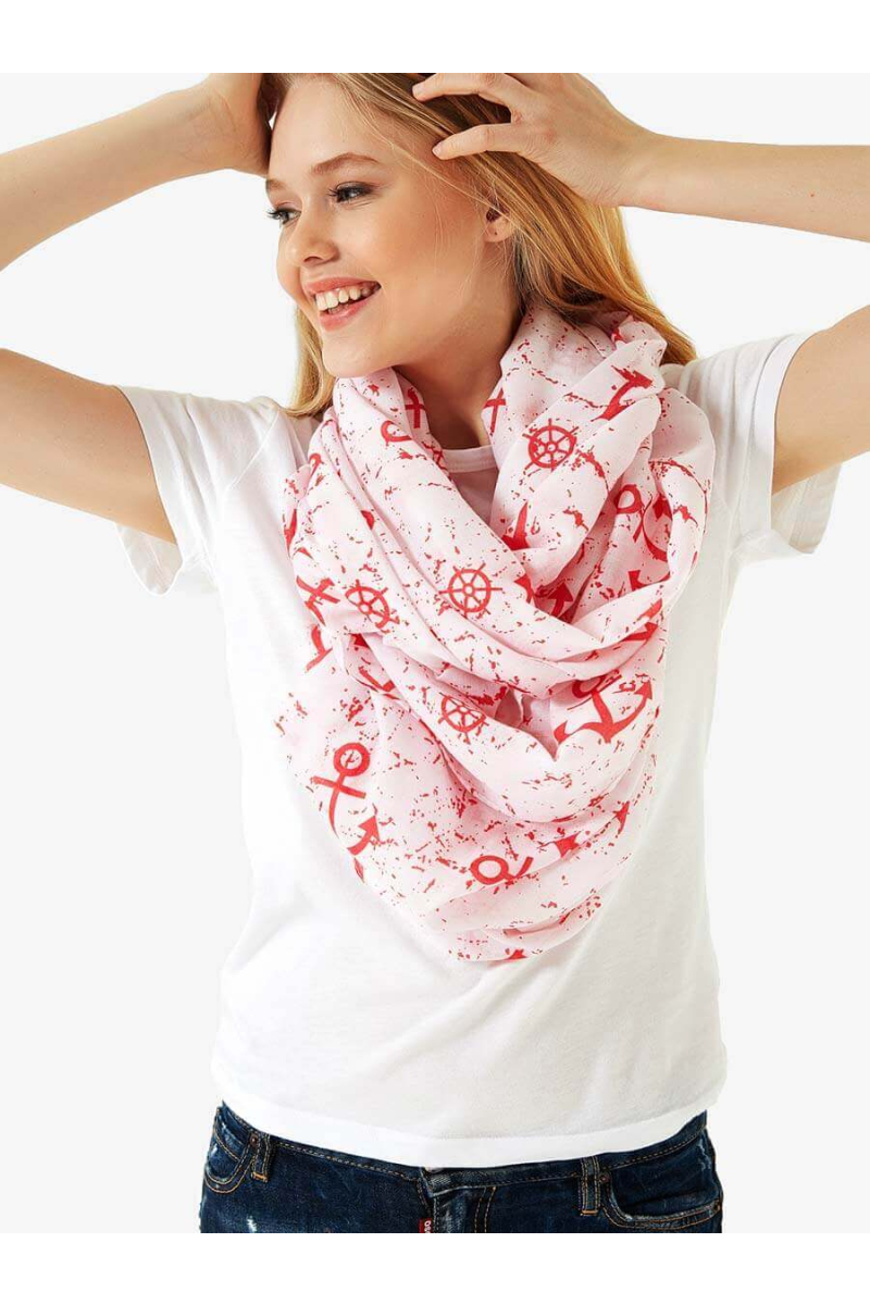 Дамски червен шал с морски мотив 11660 INDIGO Fashion