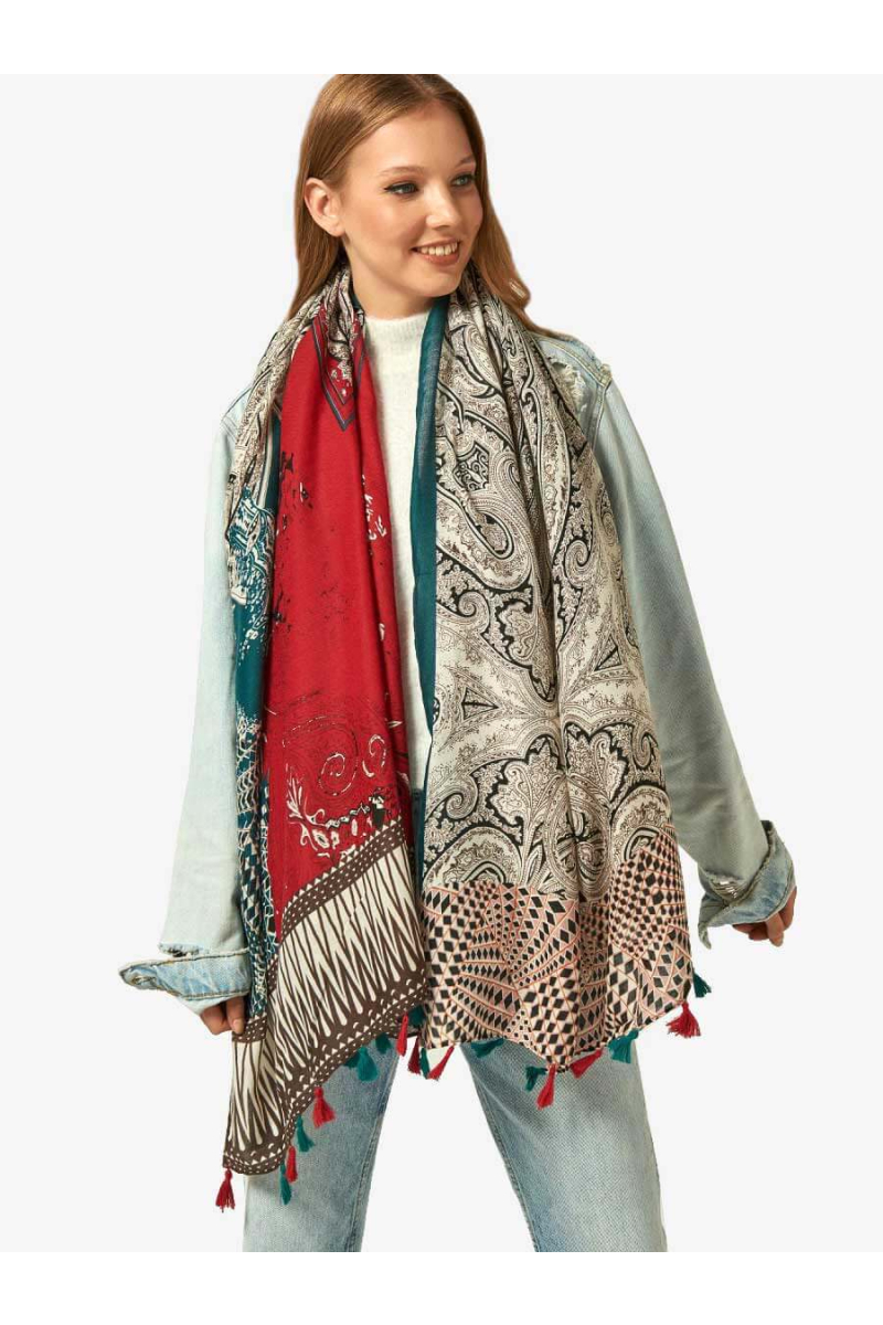 Дамски шал на цветя - червен 12073 INDIGO Fashion