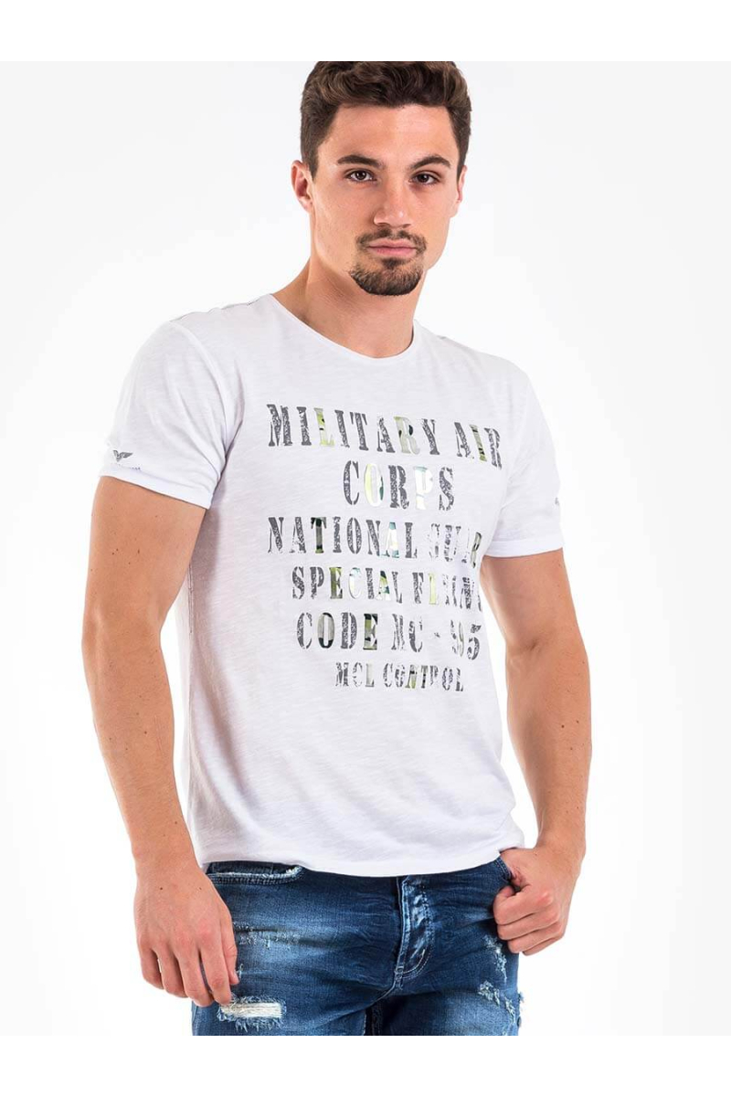 Бяла памучна мъжка тениска с  надпис 29520 INDIGO Fashion