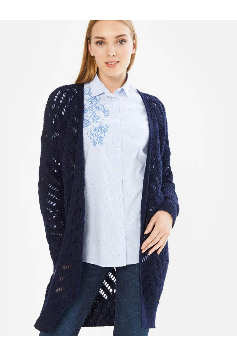 Дълга дамска тъмносиня жилетка на едра плетка 850469 INDIGO Fashion